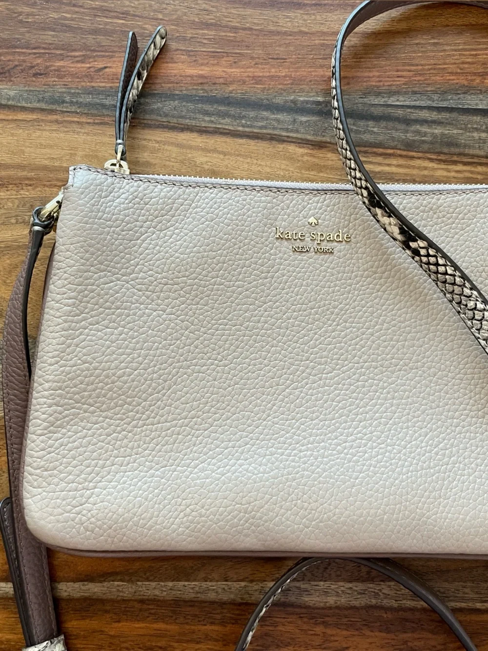 kate spade Cream Pebbled Leather Crossbody with Snake-Print Strap